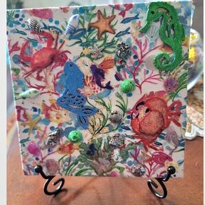 Under The Sea Collage with easel. Mermaids, Shells, Crabs, Seahorse. 6x6"